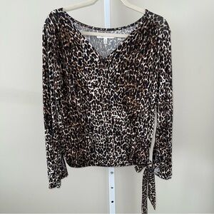 Fever Leopard Print V-Neck Blouse Size M Tie Waist, Flowy Bell Sleeves